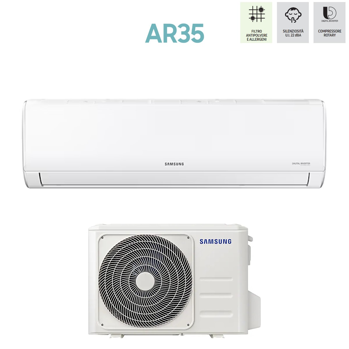 Un sistema di climatizzazione Samsung bianco, con un'unità interna sopra e una esterna sotto, entrambi su sfondo bianco.