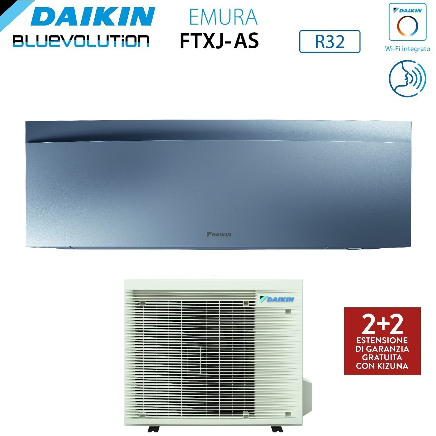 Sistema di climatizzazione Daikin con unità interne ed esterne. L'unità interna è blu, l'esterna è bianca. Testo: EMURA, R32, Wi-Fi.