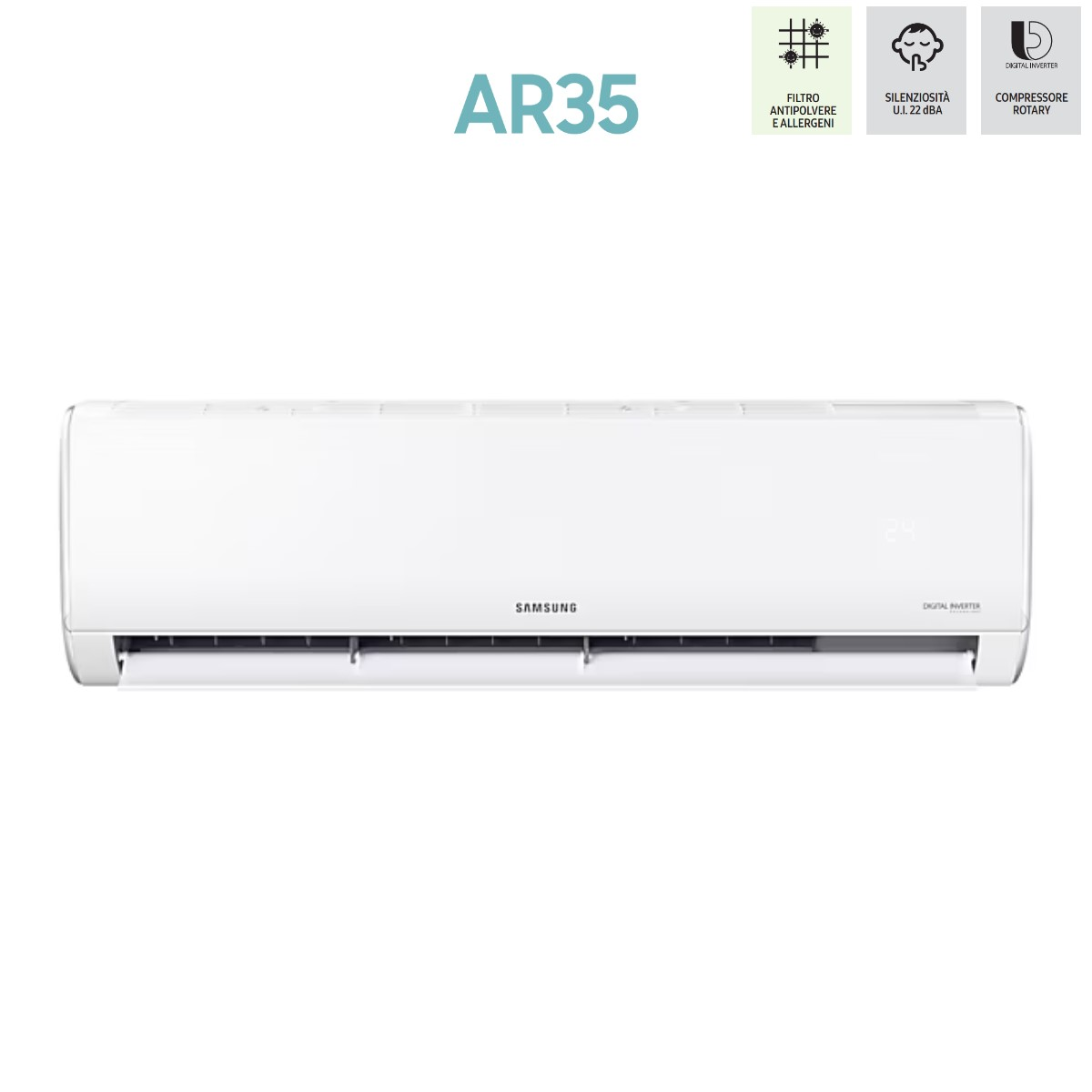 Un condizionatore Samsung AR35 bianco. Ha un display digitale e sono presenti icone per filtro, silenzio e compressore.