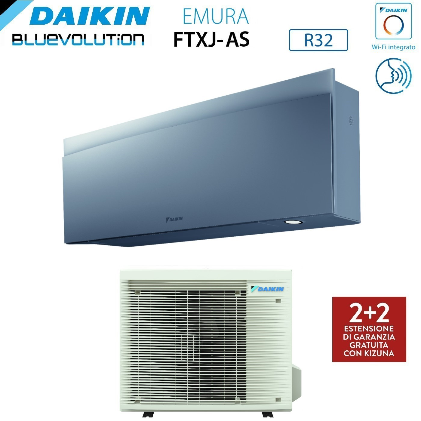 Un condizionatore Daikin con unità interne ed esterne, loghi e informazioni sulla garanzia. L'unità interna è blu e quella esterna bianca.