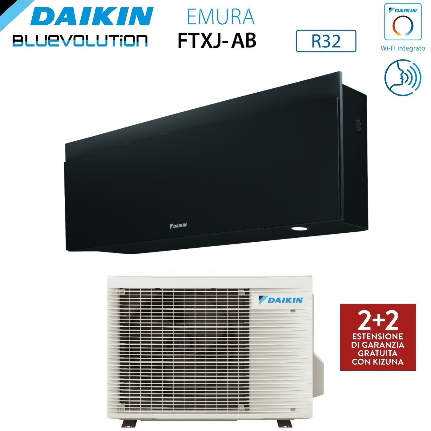 Un sistema di condizionamento Daikin. Un'unità interna nera è sopra un'unità esterna bianca. Il testo include 'EMURA', 'R32' e Wi-Fi.