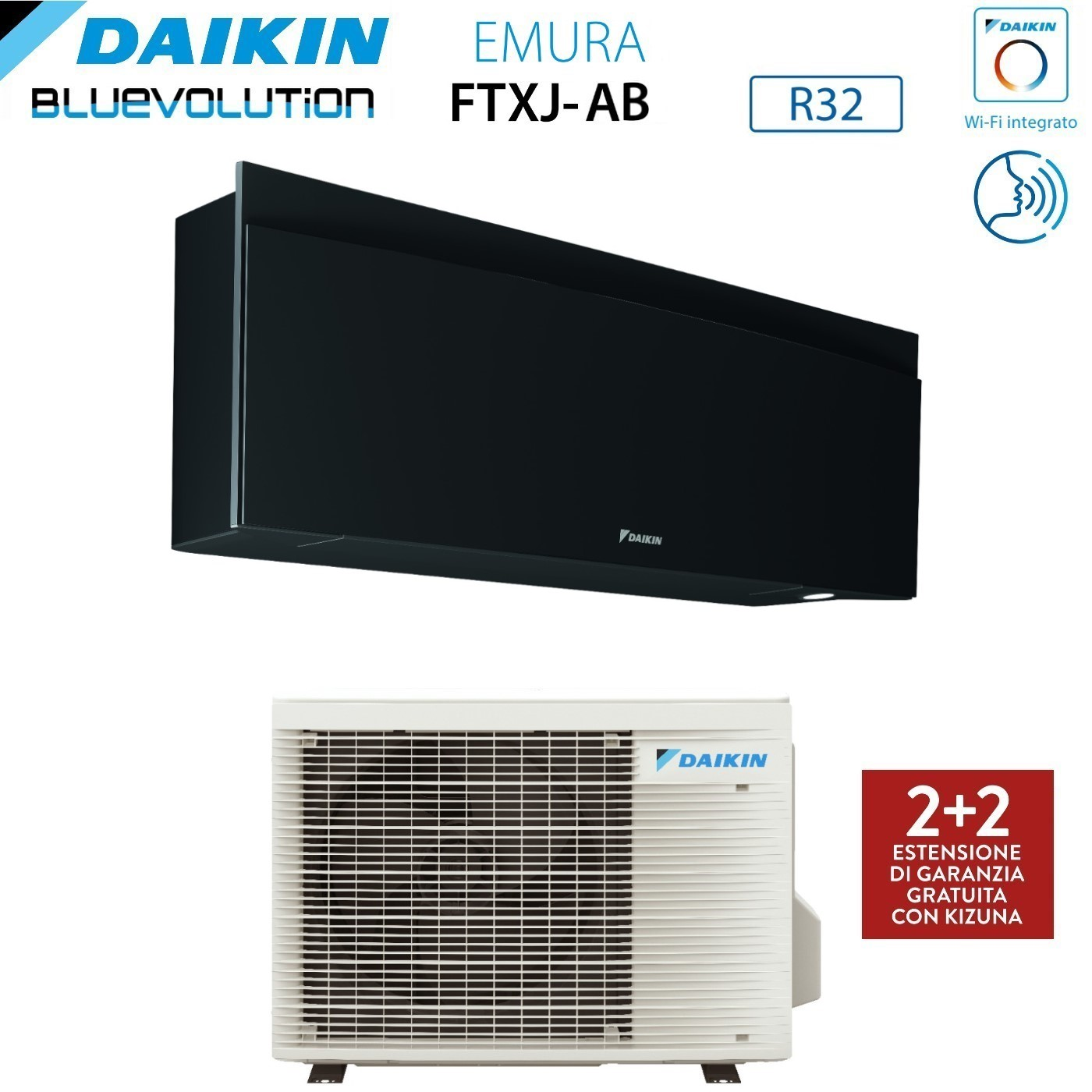 L'immagine mostra unità di condizionamento Daikin. Un'unità interna nera è sopra un'unità esterna bianca. Il testo include 'EMURA' e 'R32'.