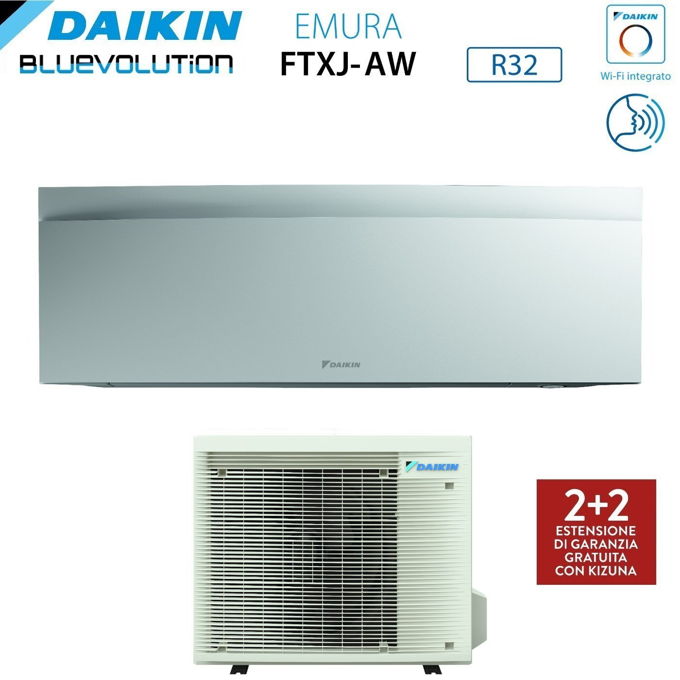Un sistema di climatizzazione Daikin, con unità interne ed esterne. Il testo include 'EMURA', 'R32' e informazioni sulla garanzia.