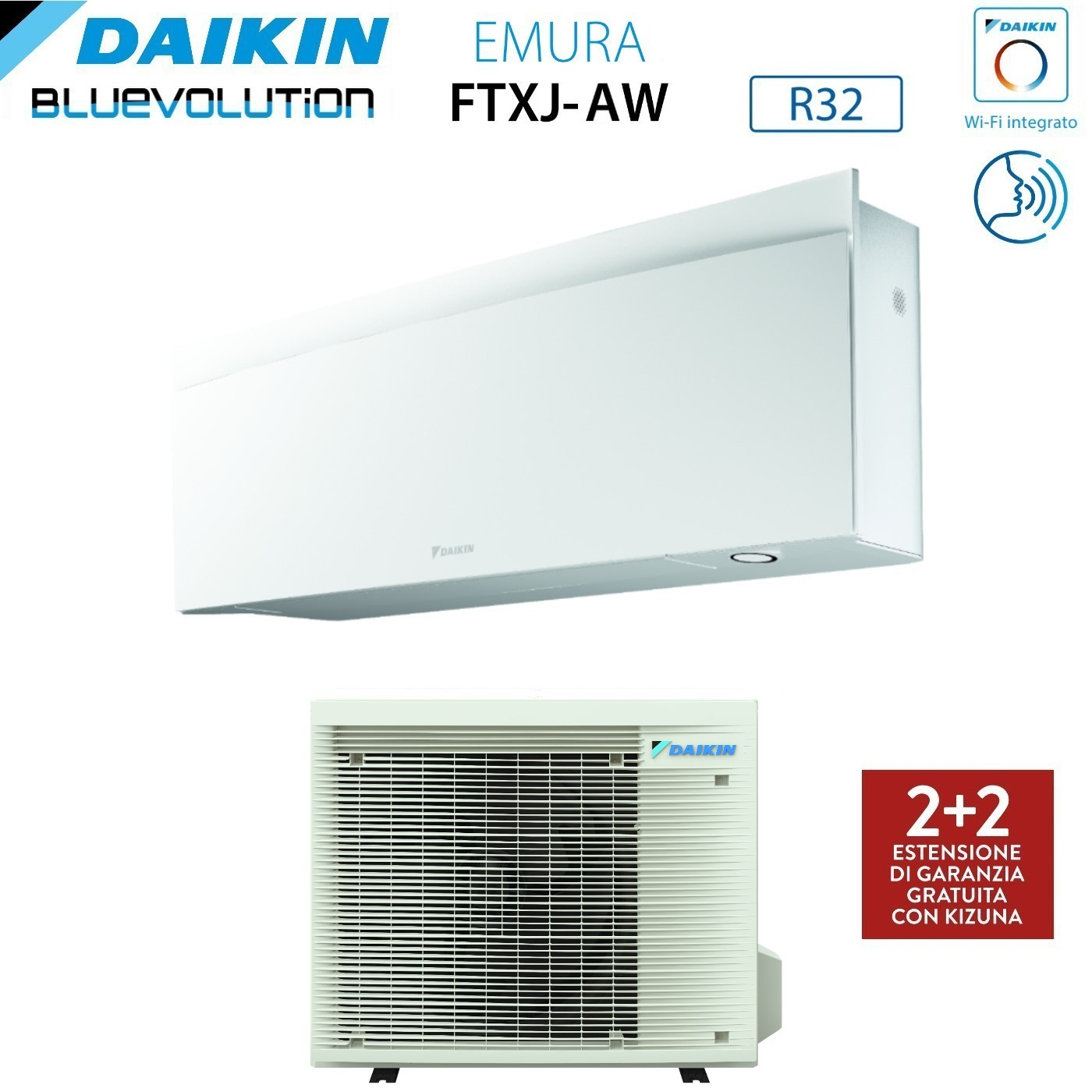 Unità di condizionamento Daikin bianca. Include unità interne ed esterne. Il testo sull'immagine include 'EMURA', 'R32' e informazioni sulla garanzia.