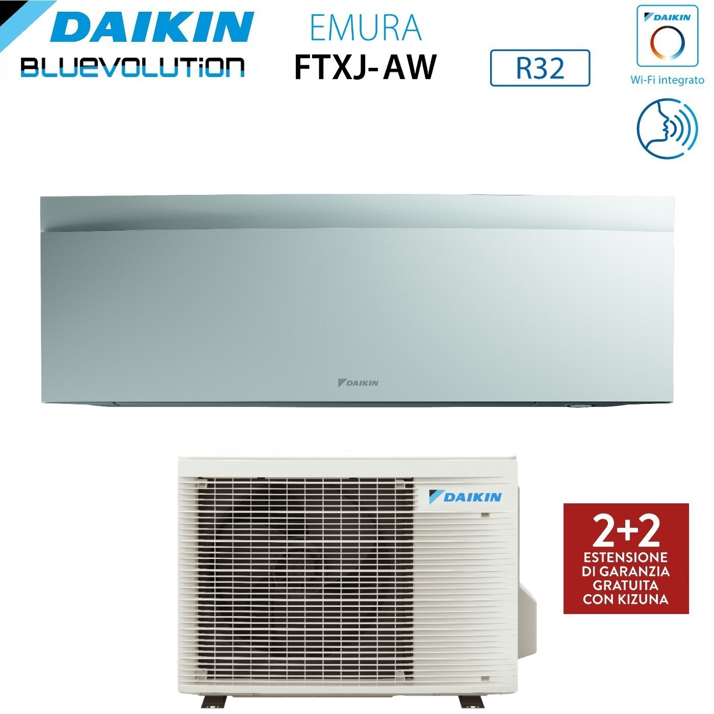 Sistema di climatizzazione Daikin. Sopra: unità interna. Sotto: unità esterna. Testo: EMURA, R32, Wi-Fi e garanzia 2+2.