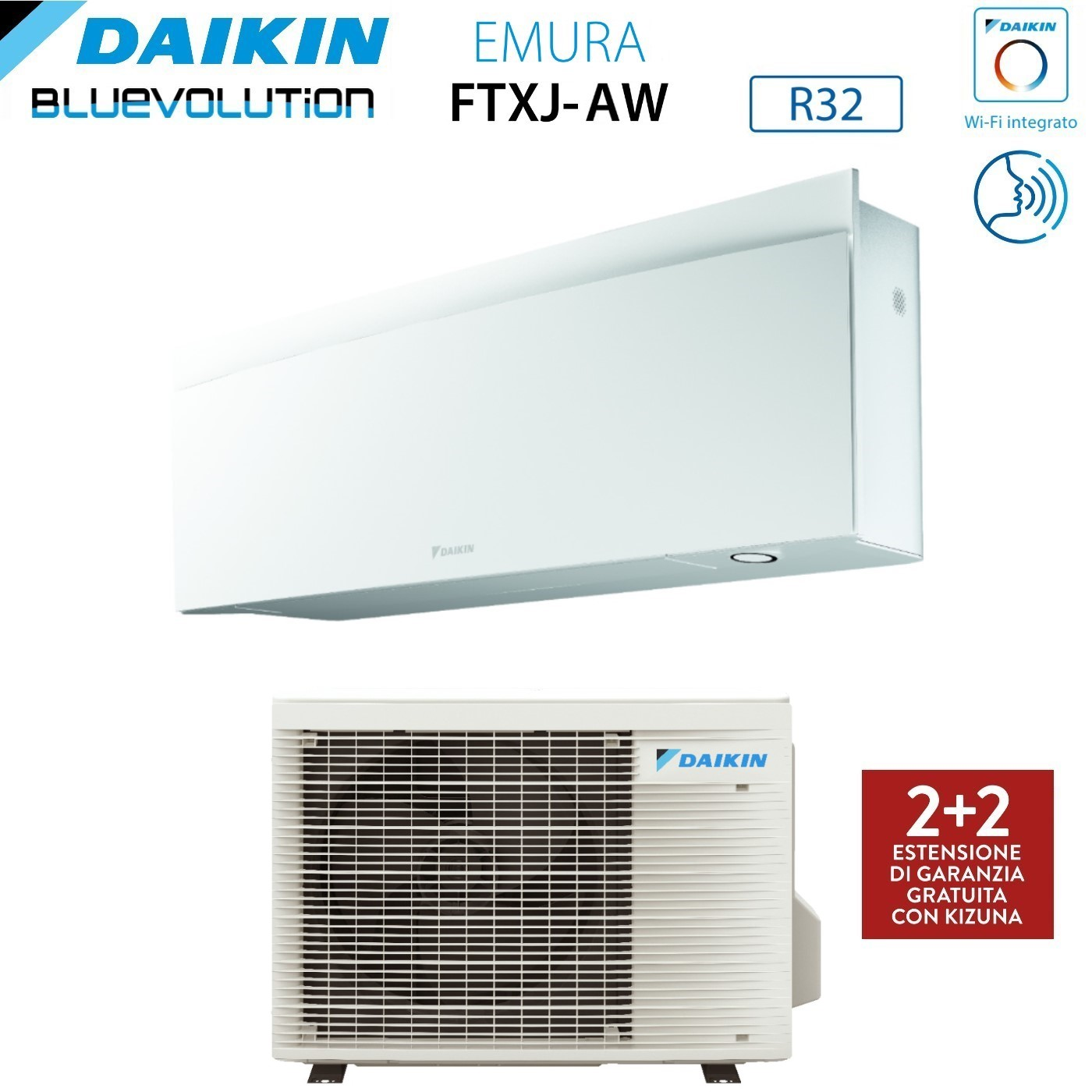 Un condizionatore Daikin bianco. L'immagine mostra le unità interne ed esterne, con testo sulla garanzia e sulle caratteristiche.