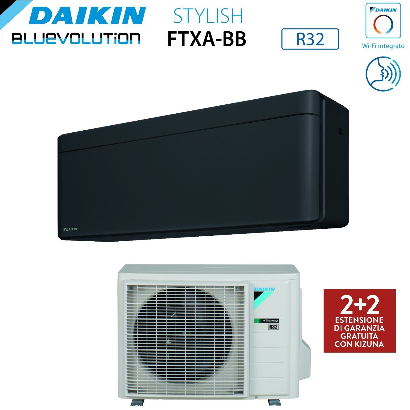 Viene mostrato un sistema di climatizzazione Daikin. Include un'unità interna e un'unità esterna con il logo Daikin e informazioni sul prodotto.