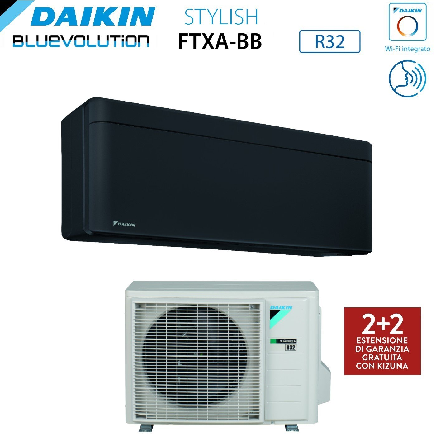 Condizionatore Daikin. Unità interna nera sopra un'unità esterna bianca. Loghi e testo indicano funzionalità come Wi-Fi e garanzia.