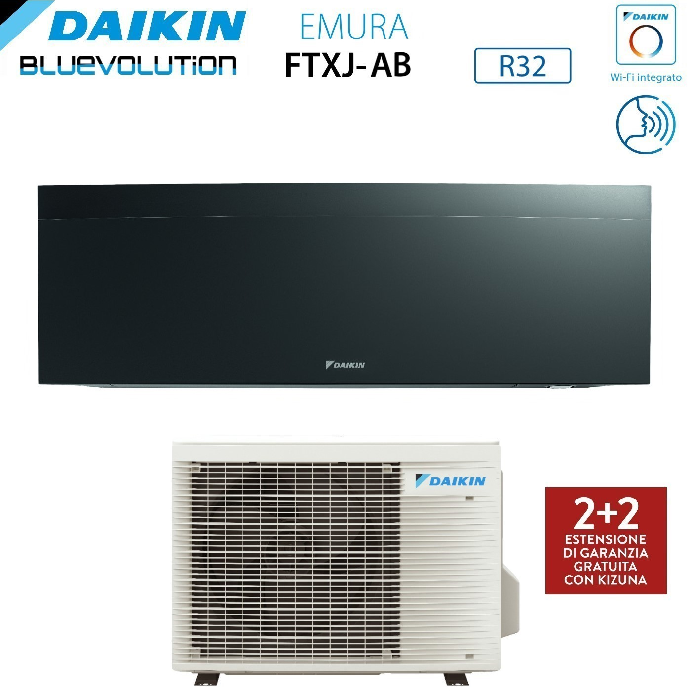 L'immagine mostra unità di condizionamento Daikin. In alto un'unità interna scura. Sotto, un'unità esterna bianca con offerta di garanzia rossa.