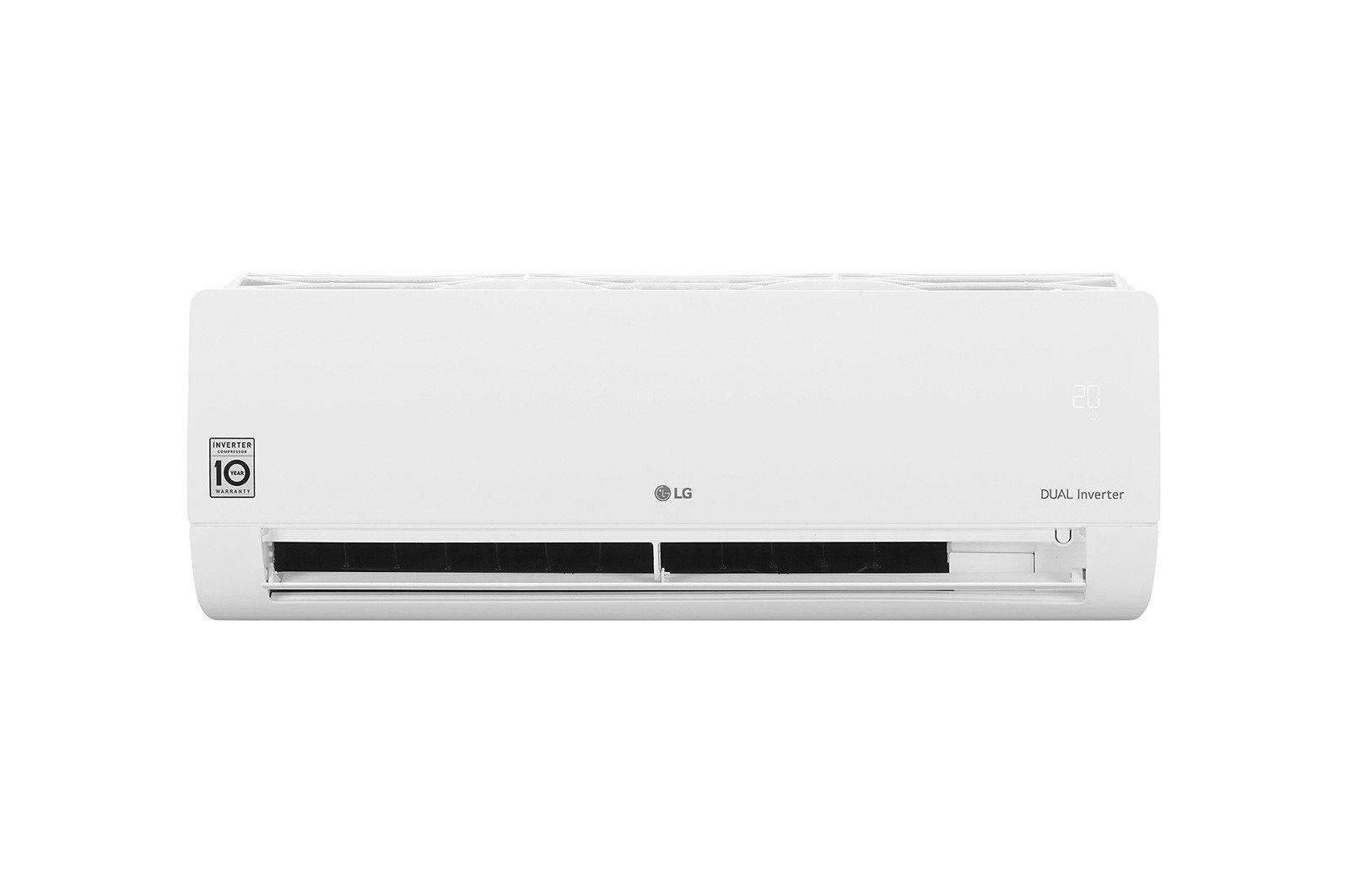 Condizionatore LG Dual Inverter bianco. Le caratteristiche includono un display digitale con 20, il logo LG e 10 anni di garanzia.