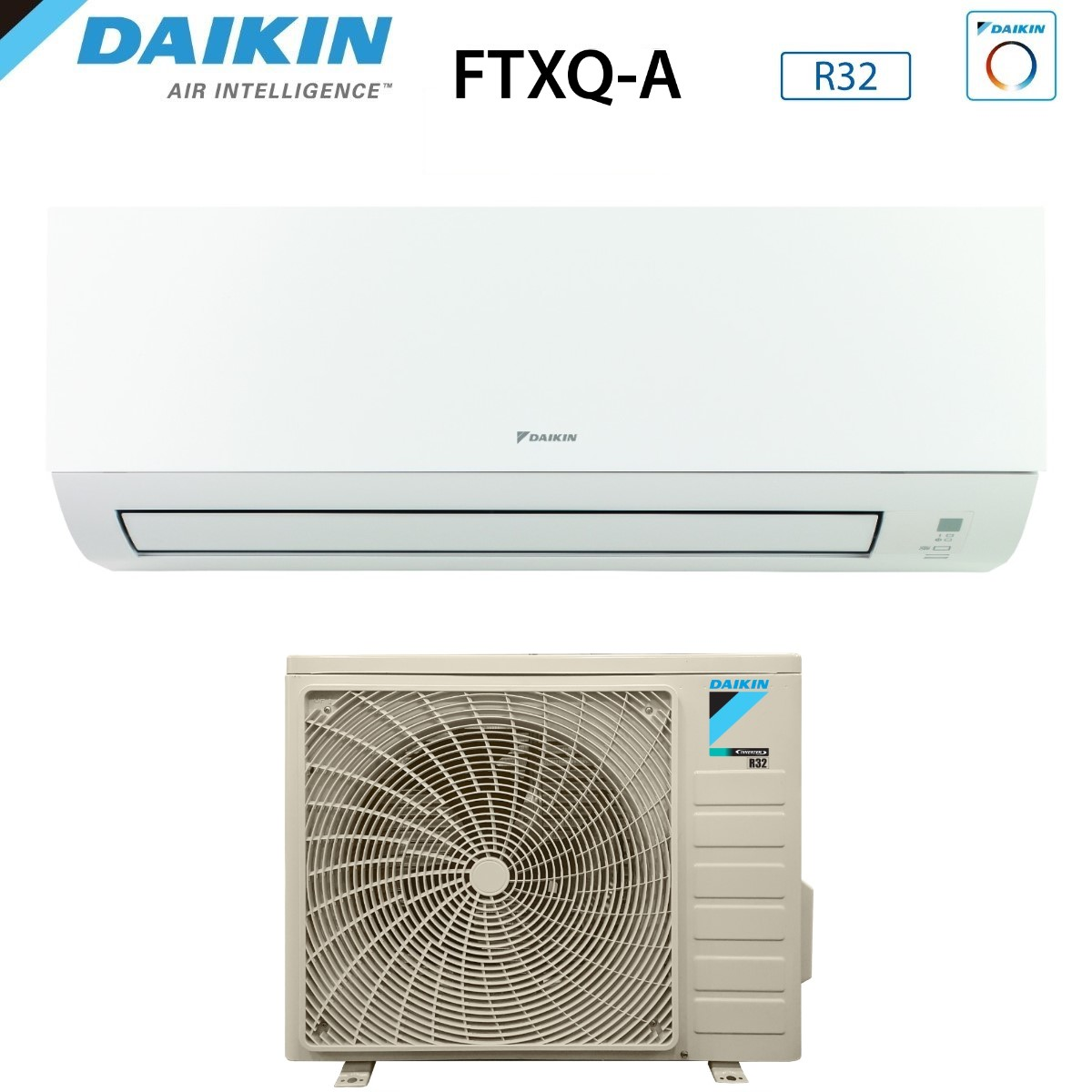 L'immagine mostra unità di condizionamento Daikin. L'unità superiore è bianca, da interno. L'unità inferiore è beige, da esterno.
