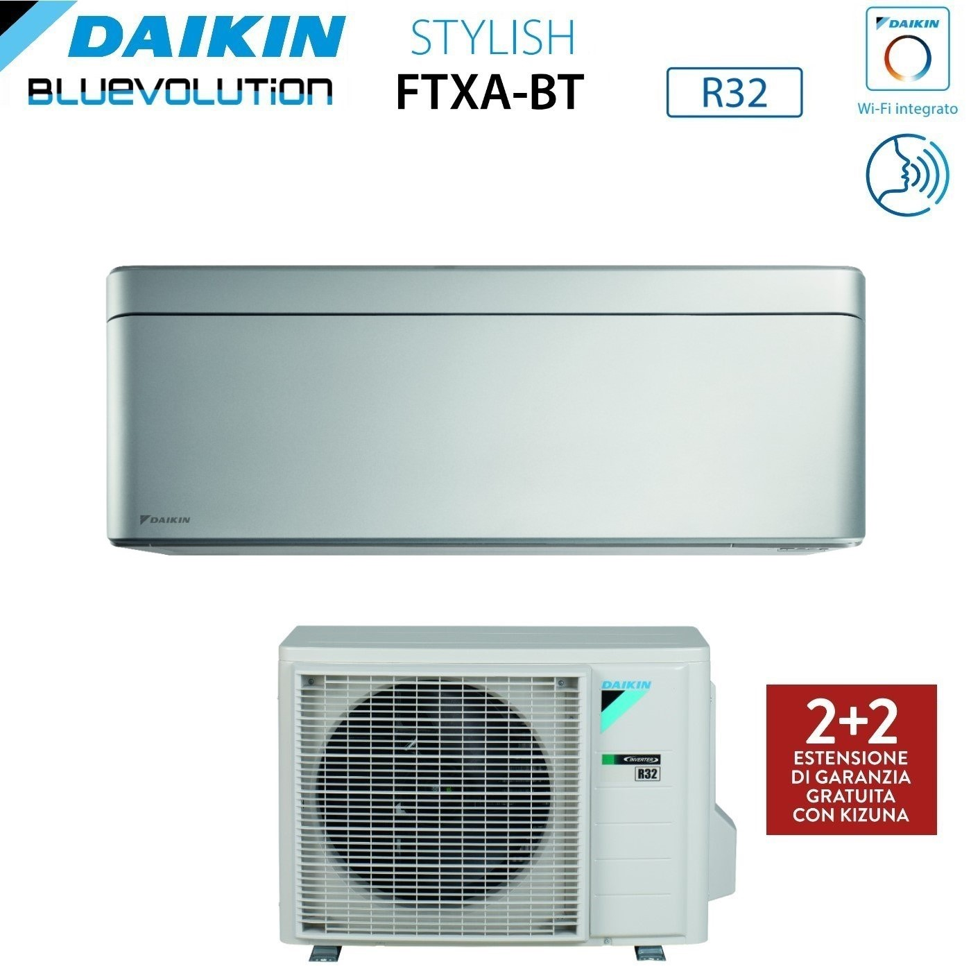 Un sistema di climatizzazione Daikin. Ha un'unità interna e una esterna. Il testo include 'Stylish' e 'R32'.