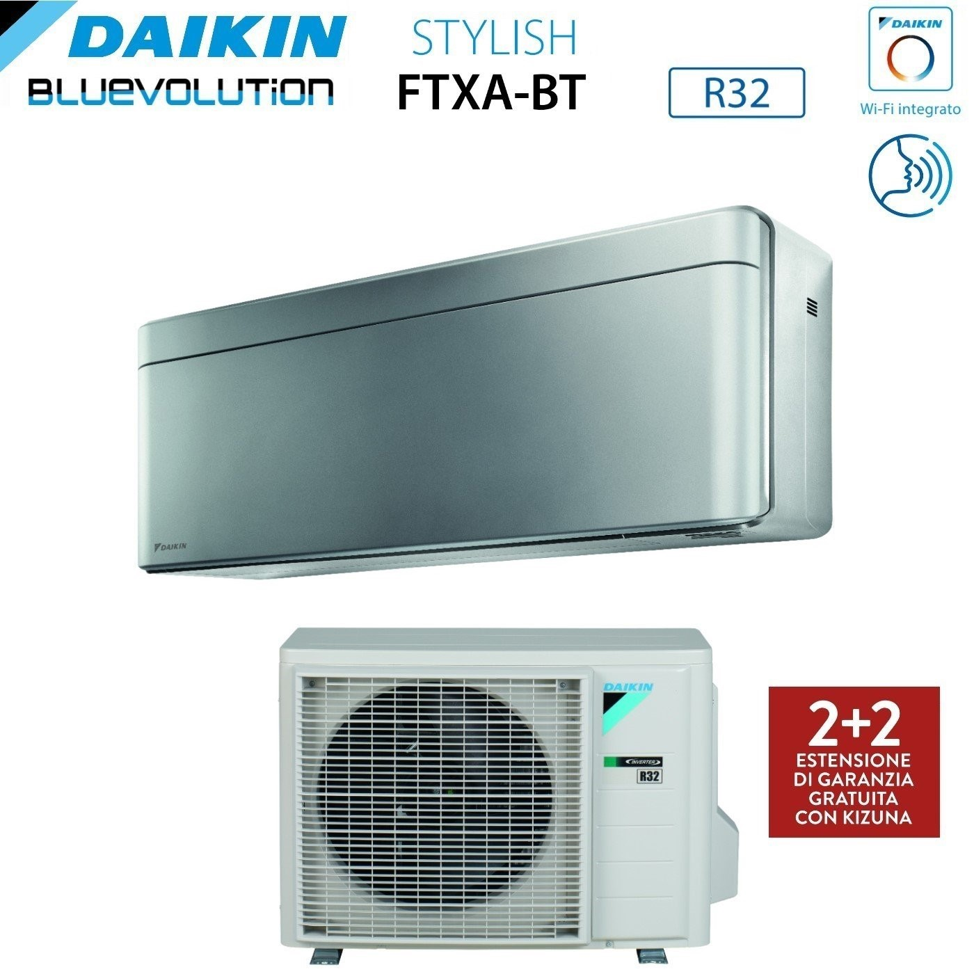 Sistema di climatizzazione Daikin. Unità interna argento, esterna bianca. Testo: Stylish, FTXA-BT, R32, Wi-Fi e garanzia 2+2.