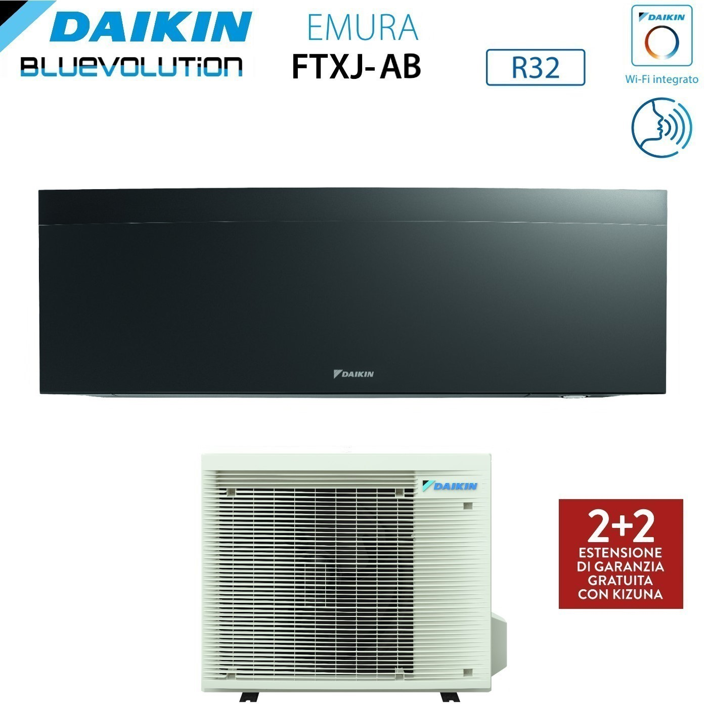 Sistema di condizionamento Daikin. Un'unità interna nera sopra un'unità esterna bianca. Testo include 'EMURA' e 'Wi-Fi'.