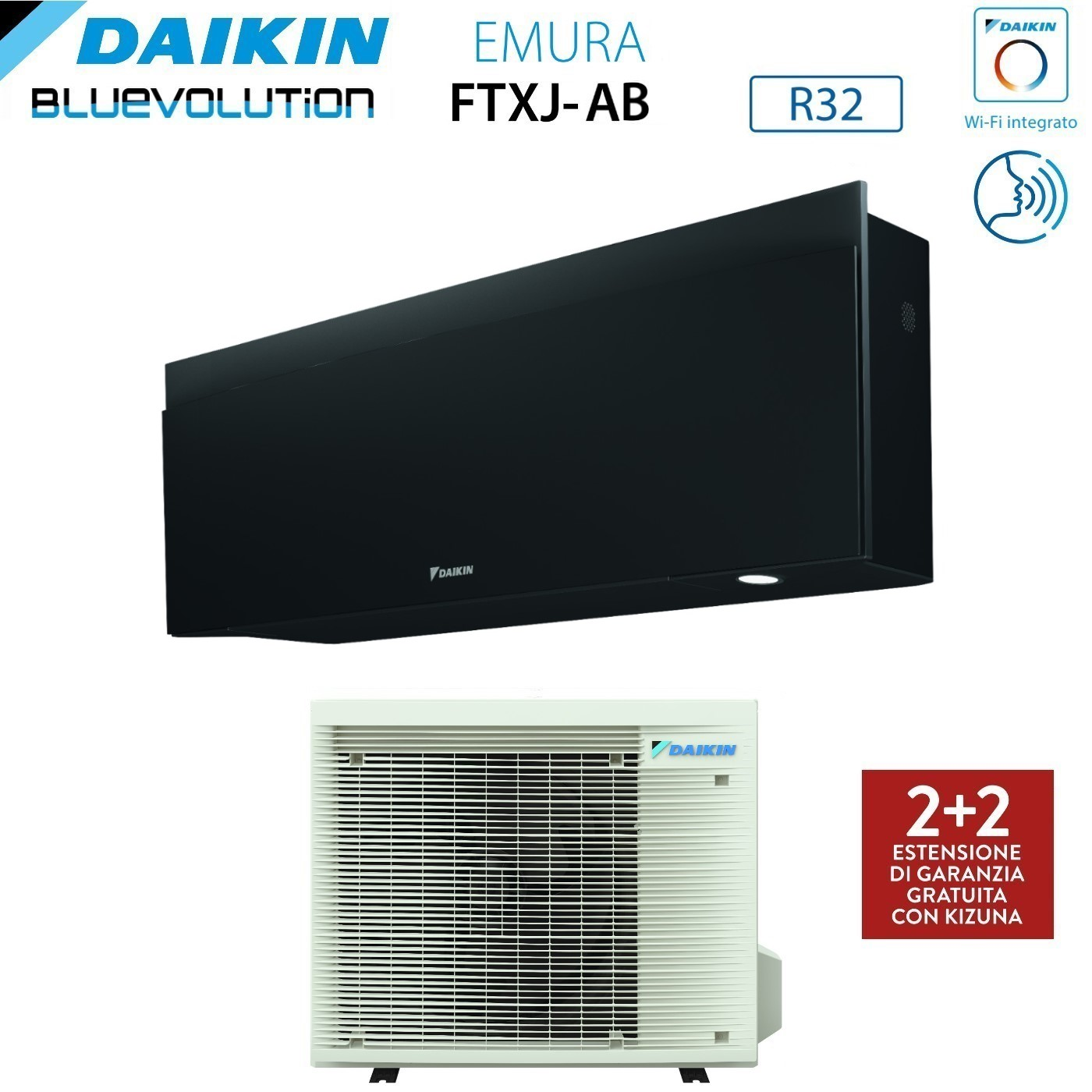Un sistema di climatizzazione Daikin. Ha un'unità interna nera e un'unità esterna bianca. L'immagine mostra il logo Daikin e il testo.
