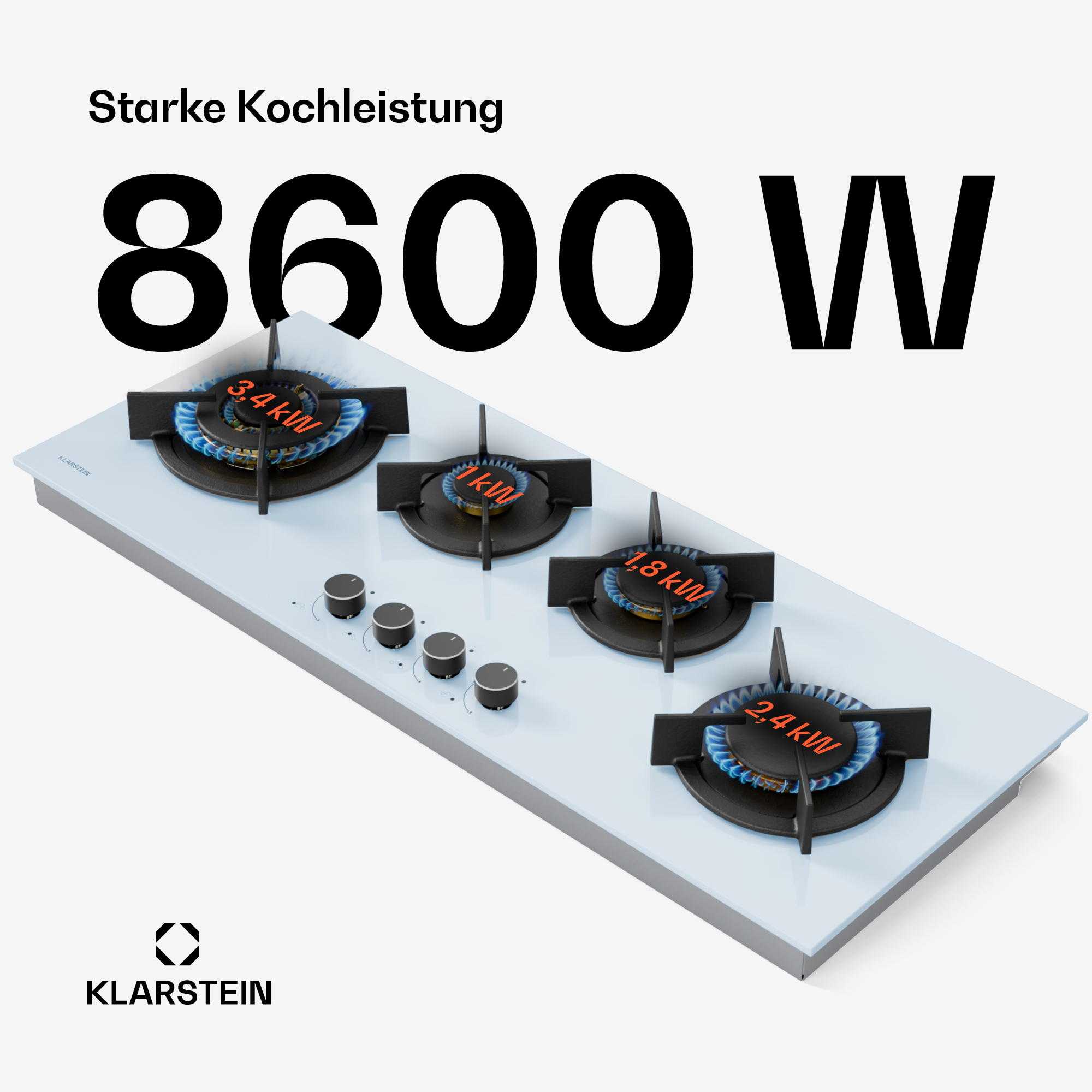 Encimera de gas con cuatro quemadores, llamas azules e indicadores de potencia. El texto dice '8600 W' y la marca 'Klarstein'.
