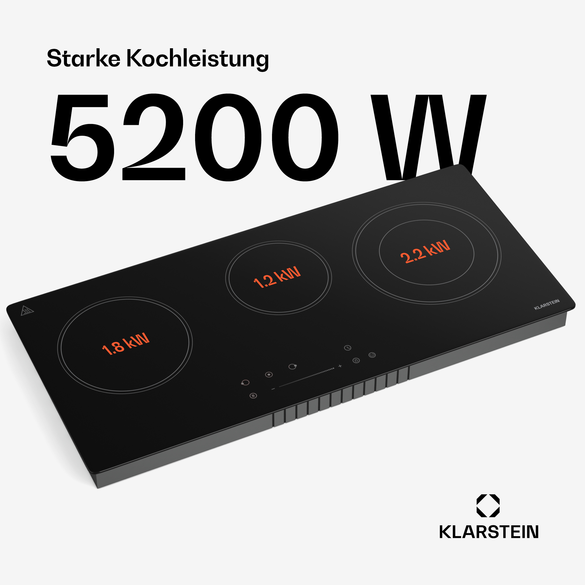 Schwarzes Induktionskochfeld mit drei Brennern, Leistung in kW. Die Marke ist Klarstein.