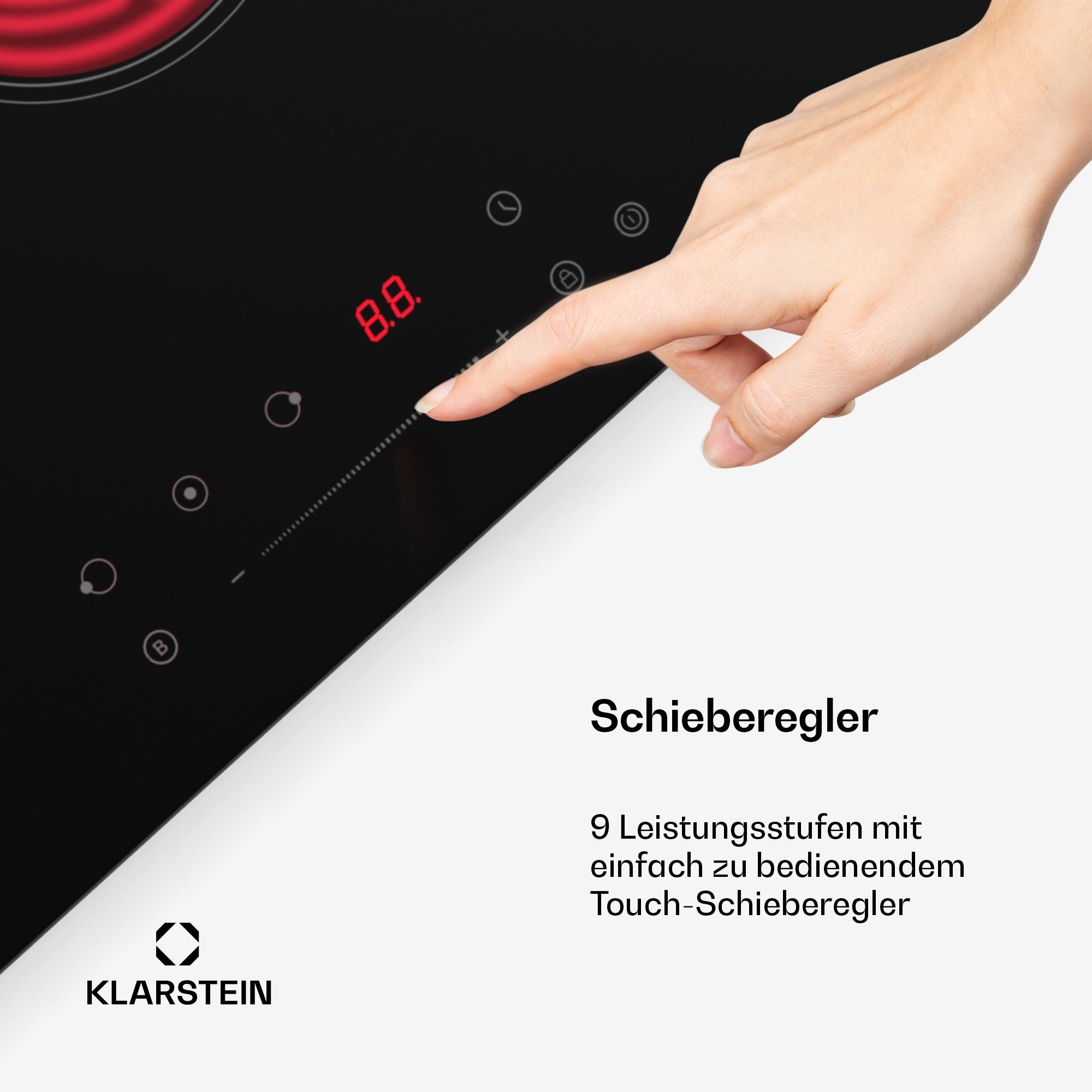Eine Hand berührt ein schwarzes Kochfeld mit roter Anzeige, die 8,8 anzeigt. Text: 'Schieberegler'.