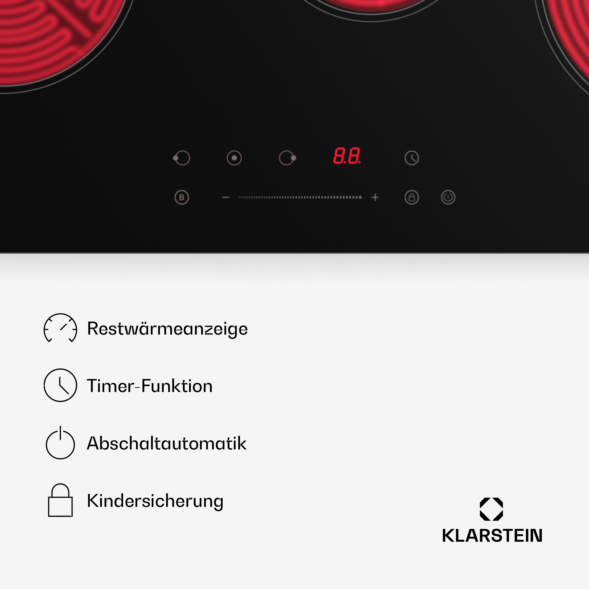 Schwarzes Kochfeld mit roten Heizelementen, Digitalanzeige 8.8 und Funktionssymbolen. Die Marke ist Klarstein.