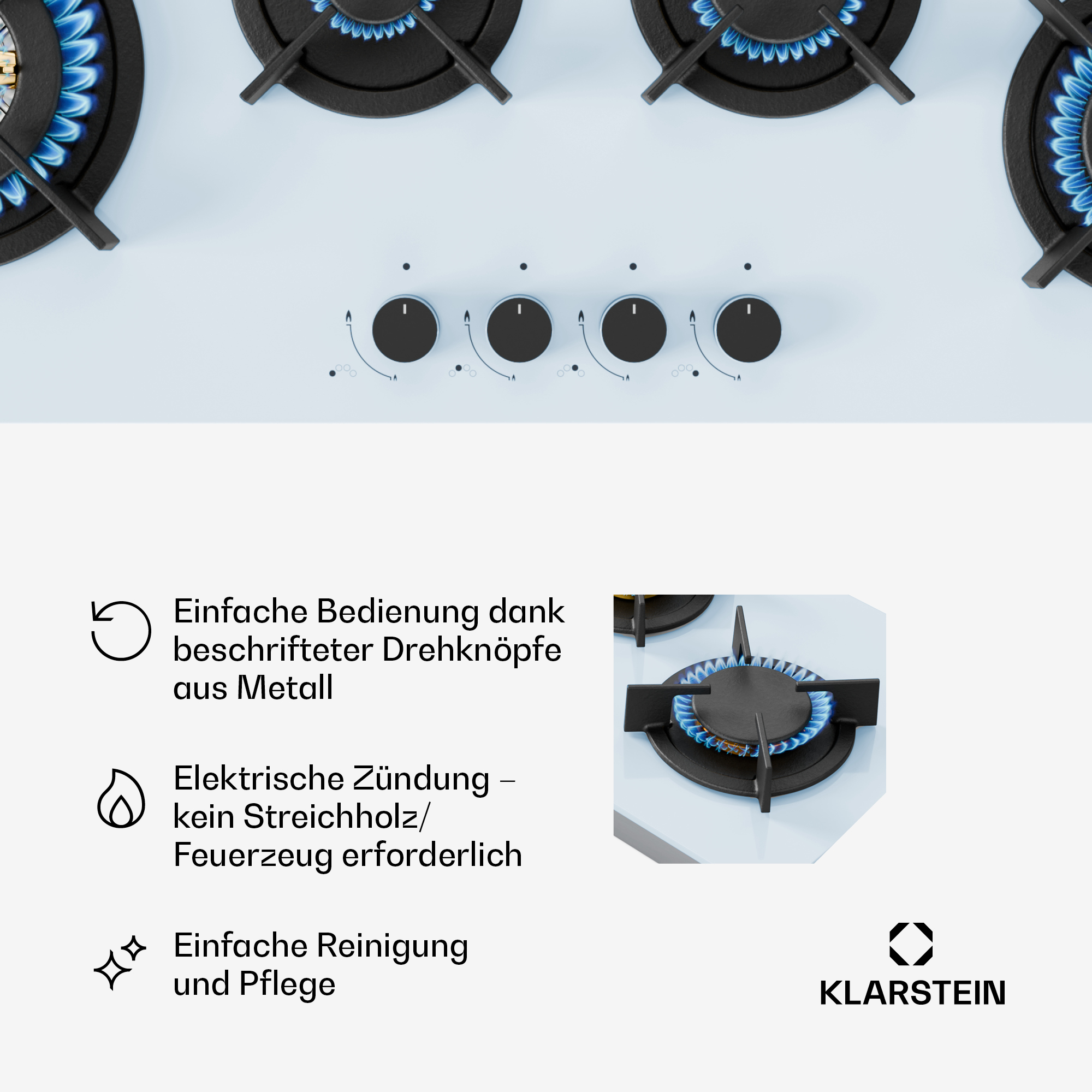 Primer plano de una cocina de gas blanca con cuatro quemadores, cada uno con llamas azules. La estufa tiene perillas negras.