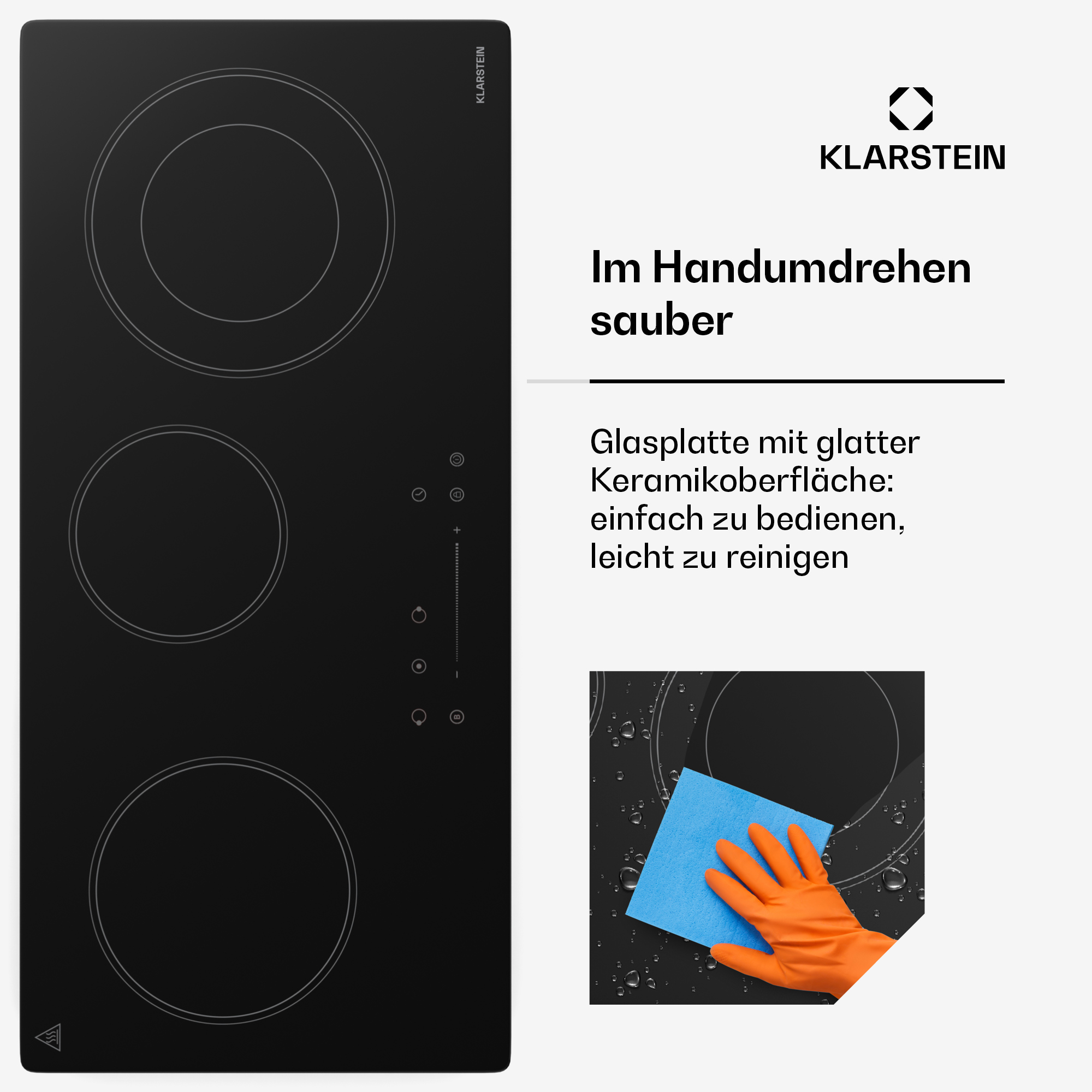 Schwarzes Cerankochfeld mit drei Kochzonen. Eine Hand mit orangen Handschuhen reinigt es mit einem blauen Tuch.