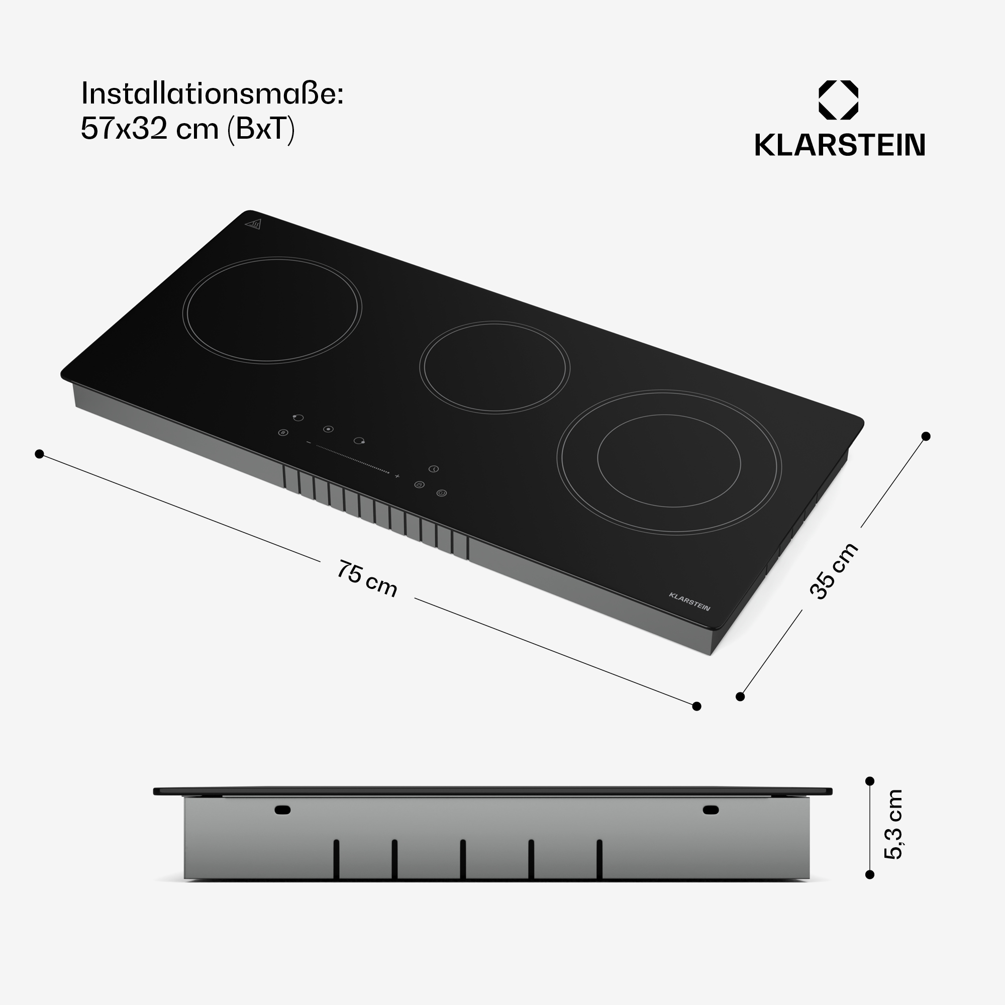 Schwarzes Klarstein-Induktionskochfeld mit drei Kochzonen. Abmessungen: 75x35cm, 5,3cm hoch. Markenlogo sichtbar.