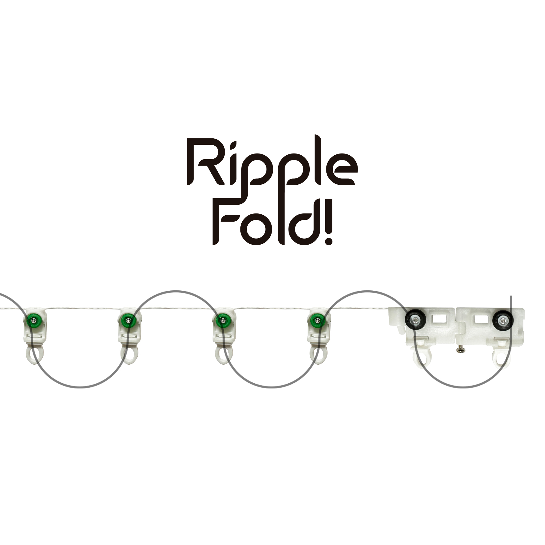 Das Bild zeigt einen weißen Hintergrund mit einem 'Ripple Fold!'-Logo und einem Vorhangschienensystem mit grünen und weißen Komponenten.