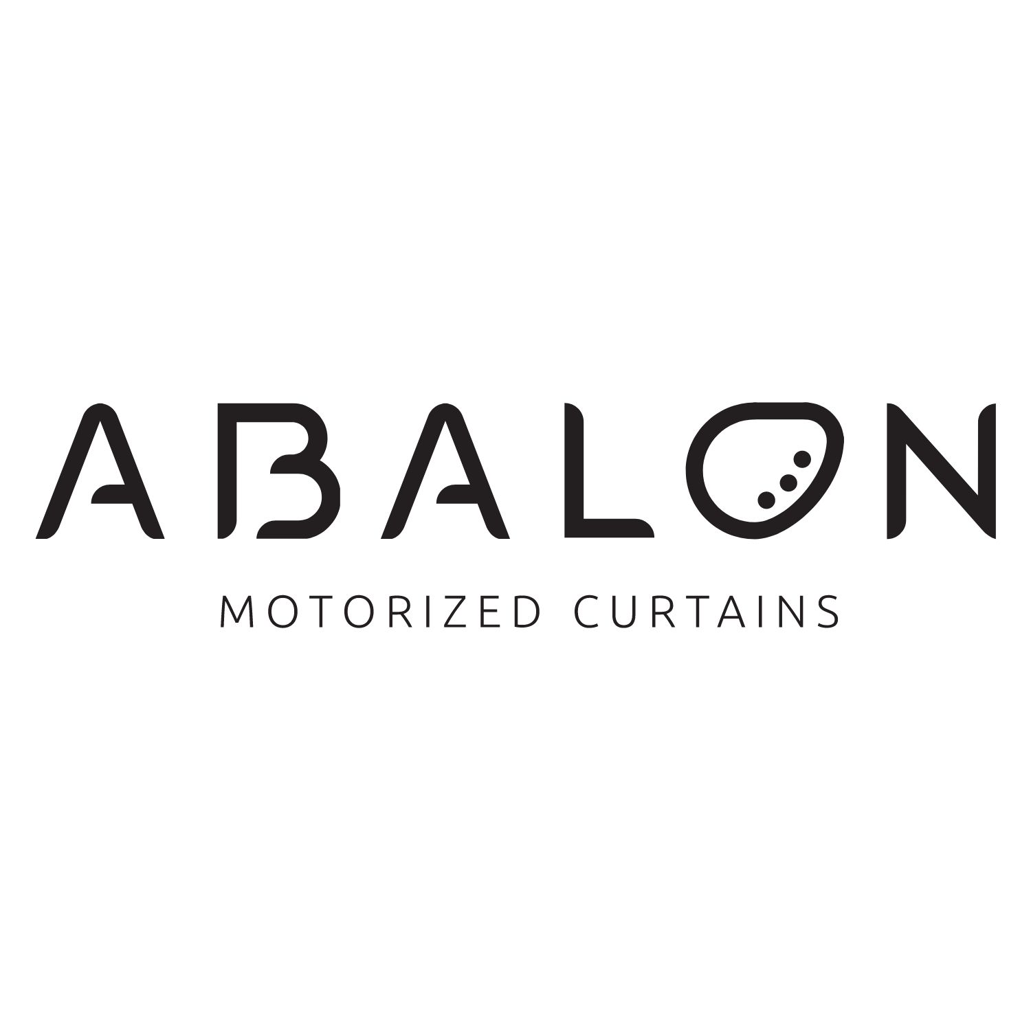 Das Logo zeigt 'ABALON' mit 'MOTORIZED CURTAINS' darunter. Das 'O' hat drei Punkte. Schwarze Buchstaben auf weißem Hintergrund.
