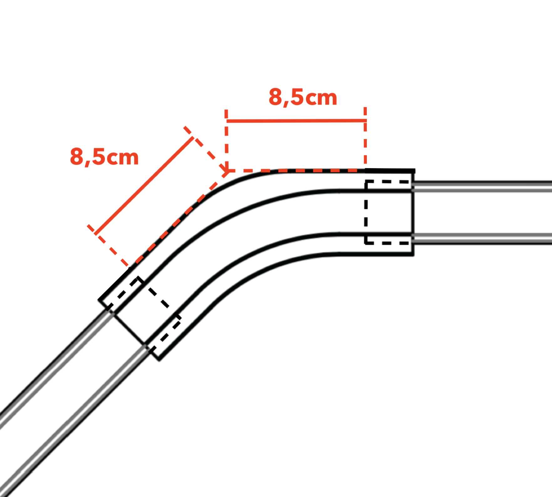 Illustration eines gebogenen Rohrsegments. Abmessungen von 8,5 cm sind rot markiert und zeigen eine Biegung. Schwarze Linien zeigen die Form des Rohrs.