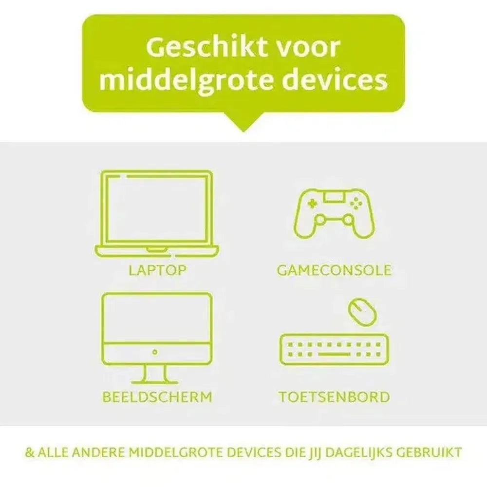 Green rectangle with text, below icons for laptop, game console, monitor, keyboard. Text reads: Suitable for mid-sized devices.