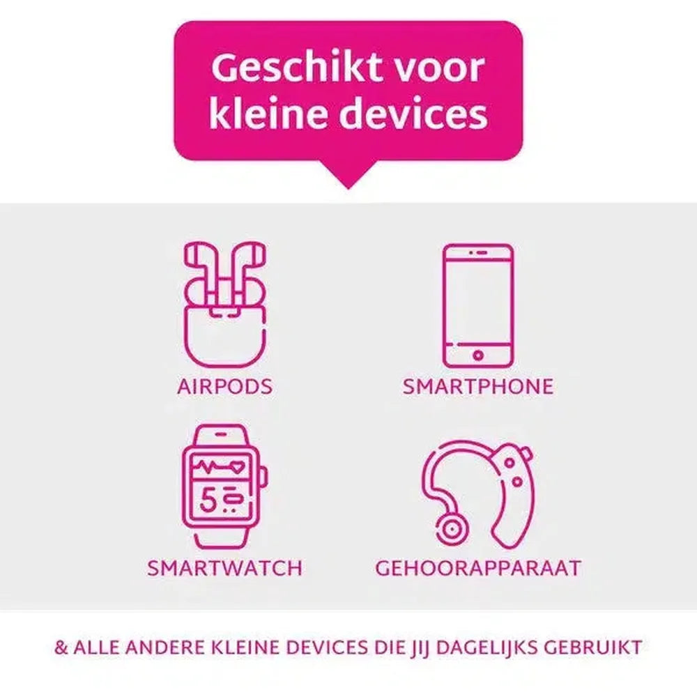 Image with pink icons of AirPods, smartphone, smartwatch, and hearing aid. Text says 'Suitable for small devices'.
