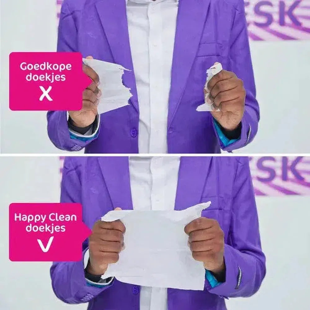 A person in a purple suit holds torn and intact tissues. Text indicates 'Good' and 'Happy Clean'. 
