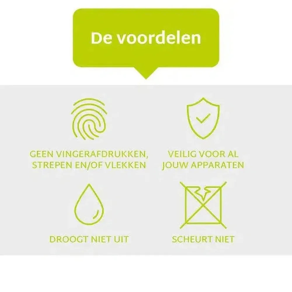 Afbeelding met groene pictogrammen en tekst in het Nederlands: geen vingerafdrukken, veilig voor alle apparaten, droogt niet uit, scheurt niet.