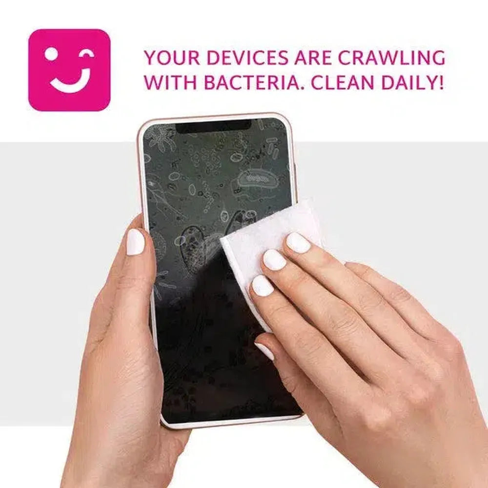 A person cleaning a smartphone screen with a wipe. The screen shows bacteria. Text says 'Clean daily!'