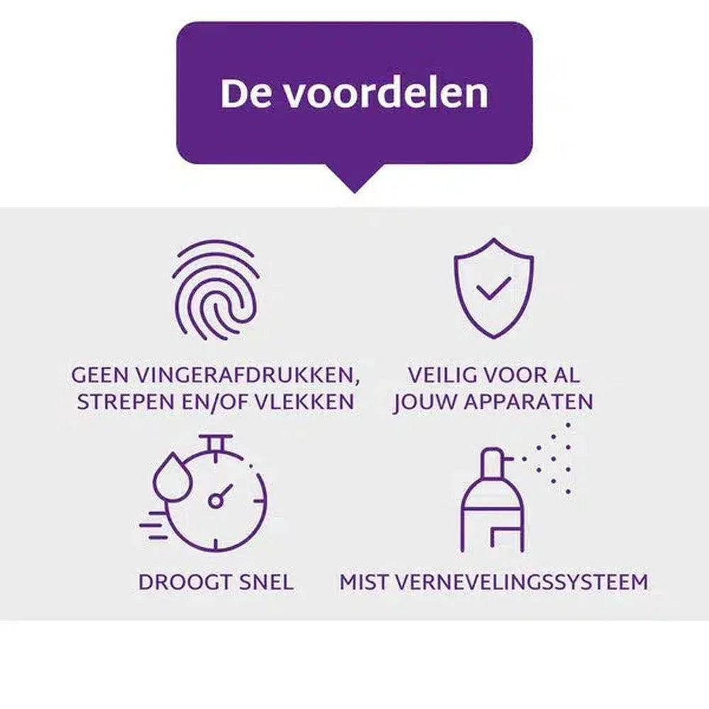 Purple banner with text 'De voordelen' and icons: fingerprint, shield, clock, spray. Dutch text describes product benefits.
