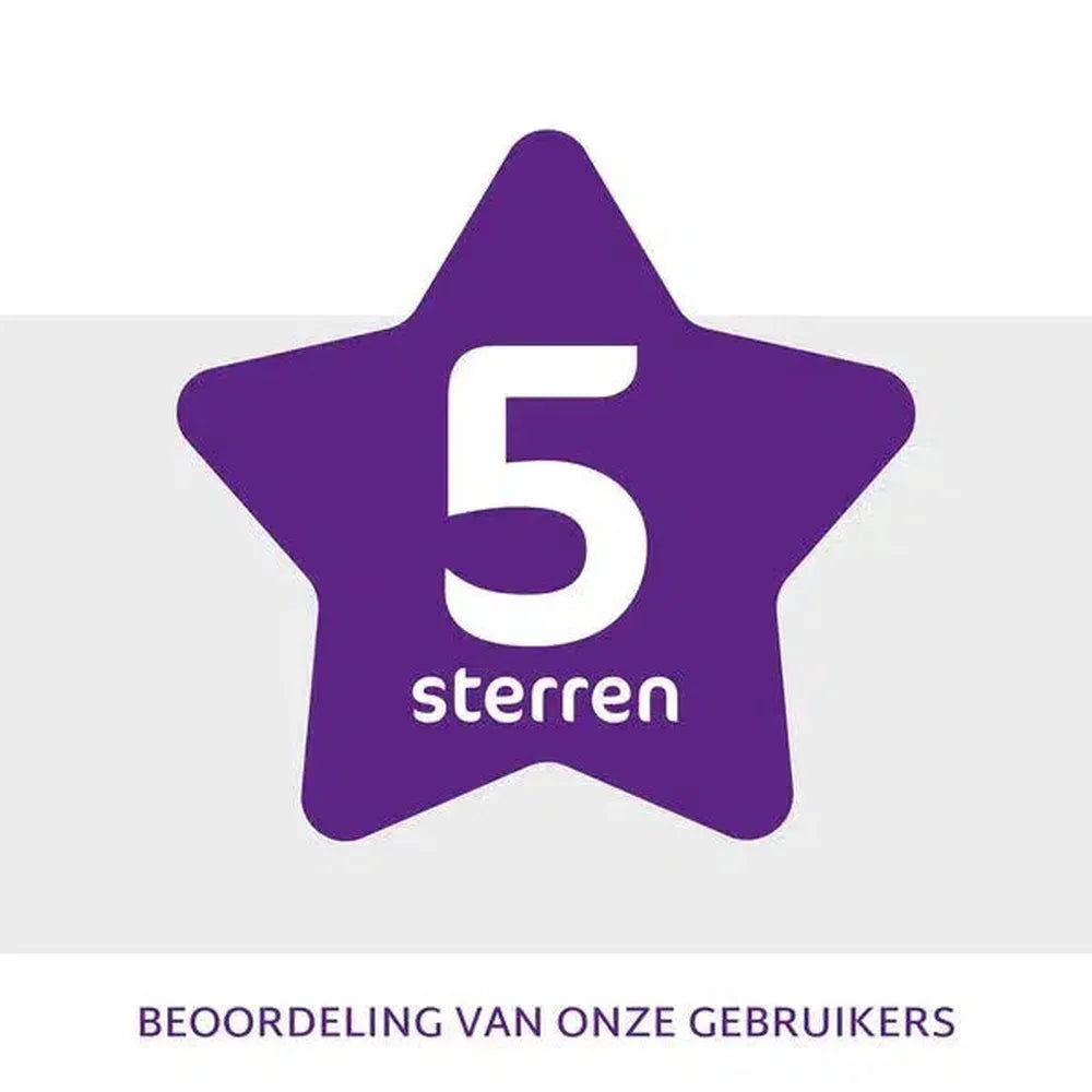 A purple star with the number 5 in white, and the word 'sterren' below it. The text 'BEOORDELING VAN ONZE GEBRUIKERS' is at the bottom.