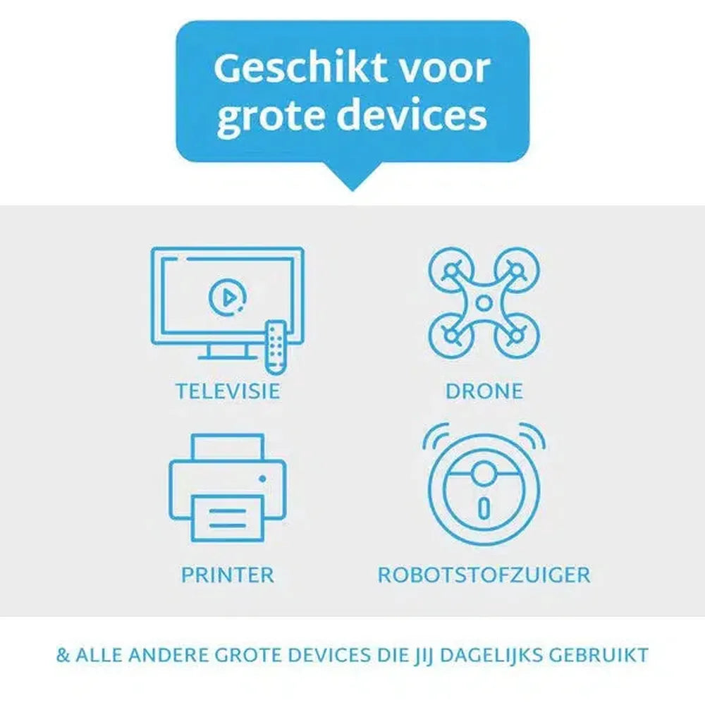 Image shows icons for TV, drone, printer, and robot vacuum. It suggests compatibility with large devices, in Dutch language.