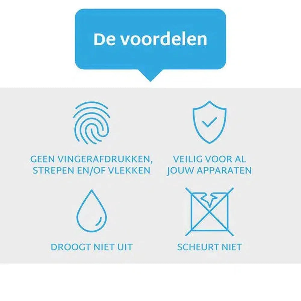 Blue bubble with text 'De voordelen' and icons: fingerprint, shield, water drop and a broken box, with related text.
