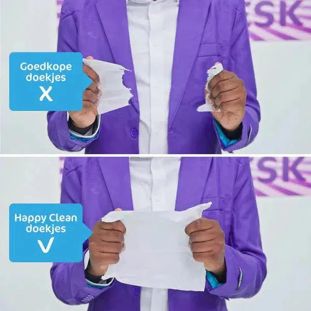 A person in a purple suit holds torn tissue paper above and a whole tissue below, with Dutch text labels.