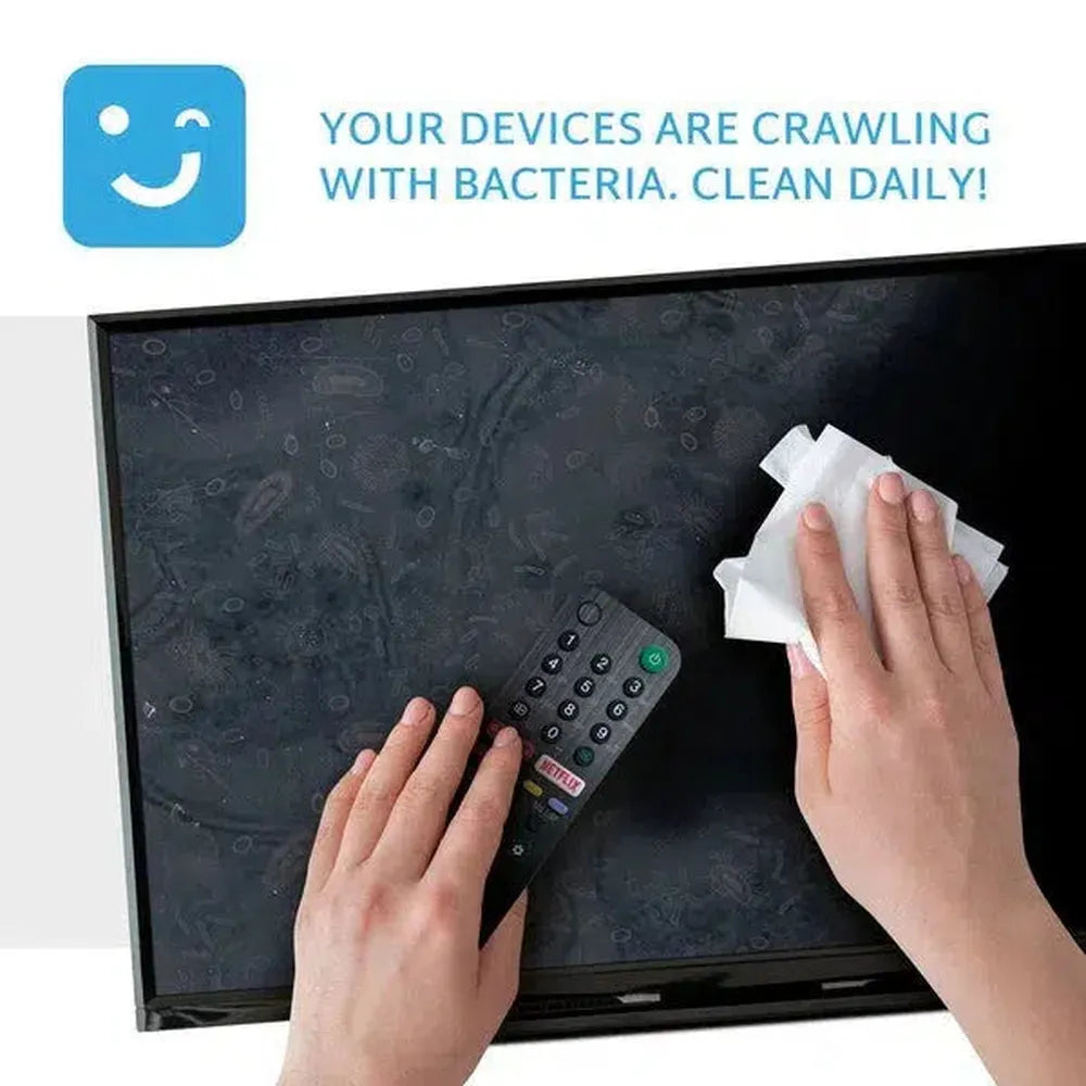 Hands are cleaning a dirty TV screen with a wipe. A remote control lies on the screen. Text says: Clean daily!