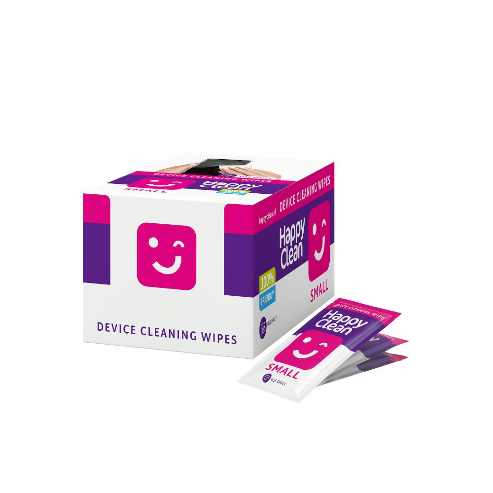 A box and individual packets of Happy Clean device cleaning wipes. The box has a smiling face logo and the text 'device cleaning wipes'.
