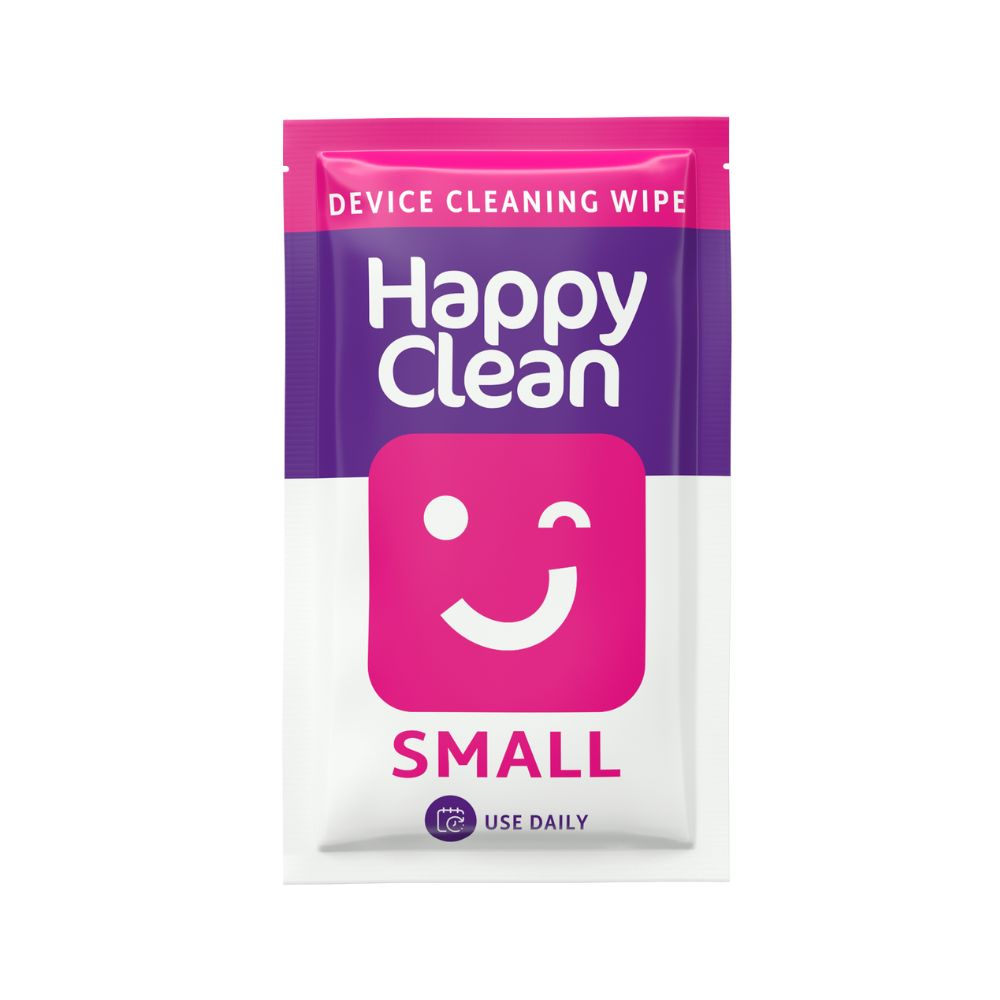 Happy Clean device cleaning wipe. Pink top, purple middle with smiley face, white bottom. Says 'SMALL' and 'USE DAILY'.