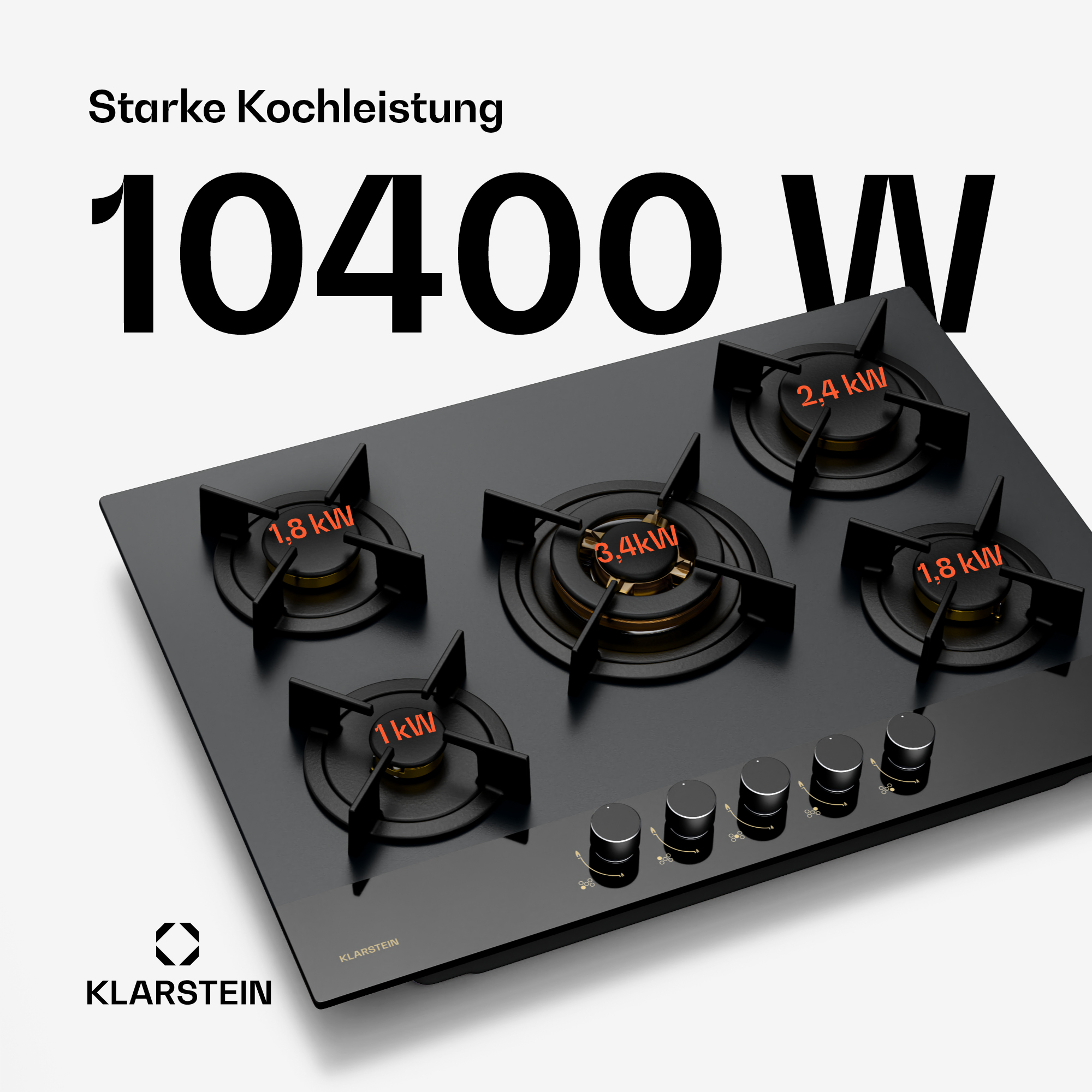 Schwarzes Gaskochfeld mit fünf Brennern, orangefarbene kW-Markierungen. Bedienknöpfe sind vorhanden. Die Marke Klarstein ist sichtbar.