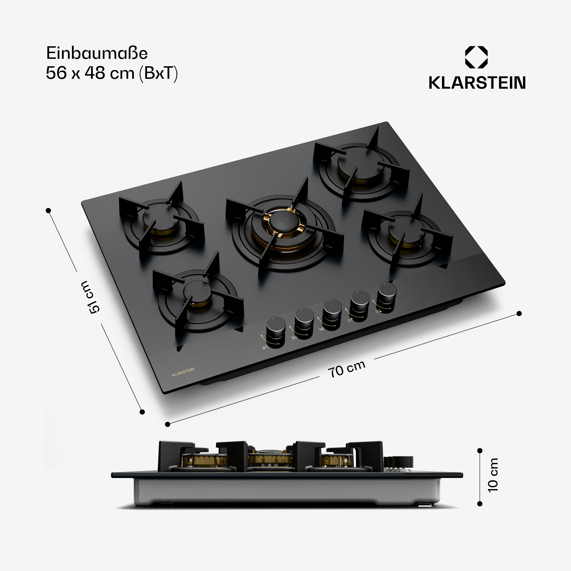 Schwarzes Klarstein-Gaskochfeld mit fünf Brennern und Bedienknöpfen. Abmessungen in cm.