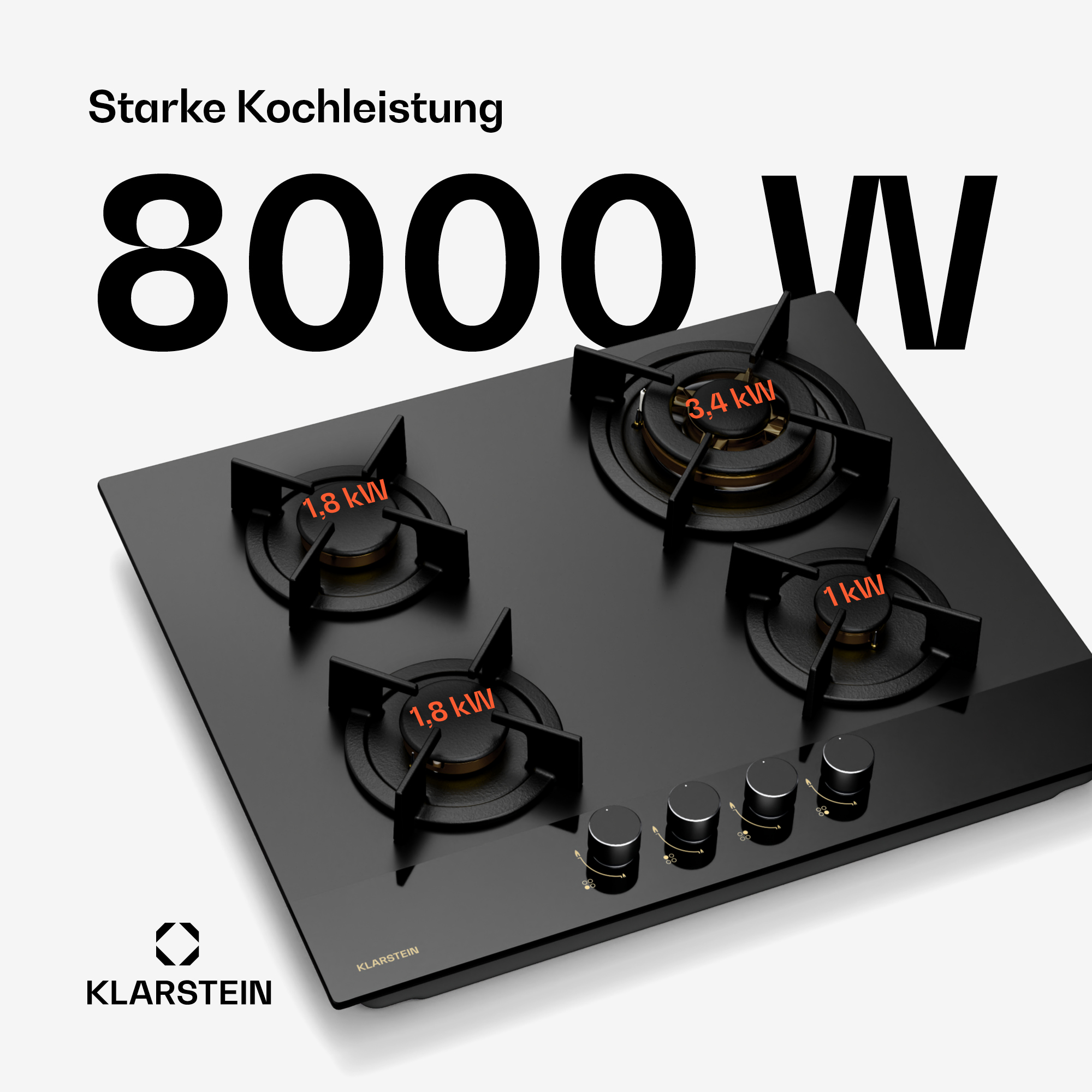 Schwarzes Klarstein Kochfeld mit vier Brennern, Bedienknöpfen und Leistungsangaben. Liest 8000W, 1,8kW, 3,4kW und 1kW.