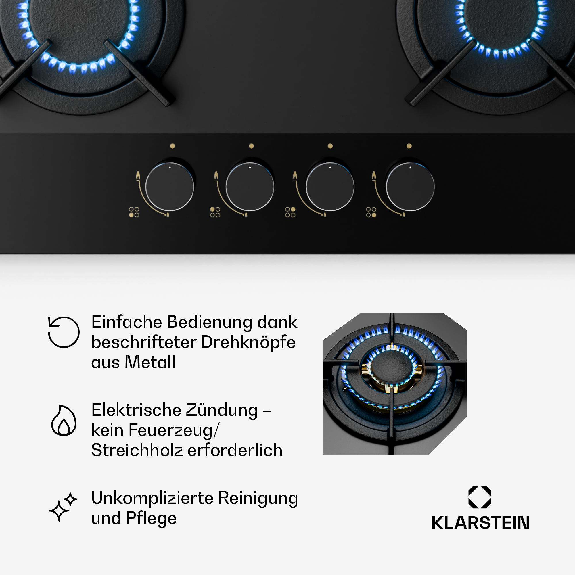 Schwarzes Kochfeld mit blauen Flammen, Metallknöpfen und Produktmerkmaltext. Klarstein-Logo unten rechts.