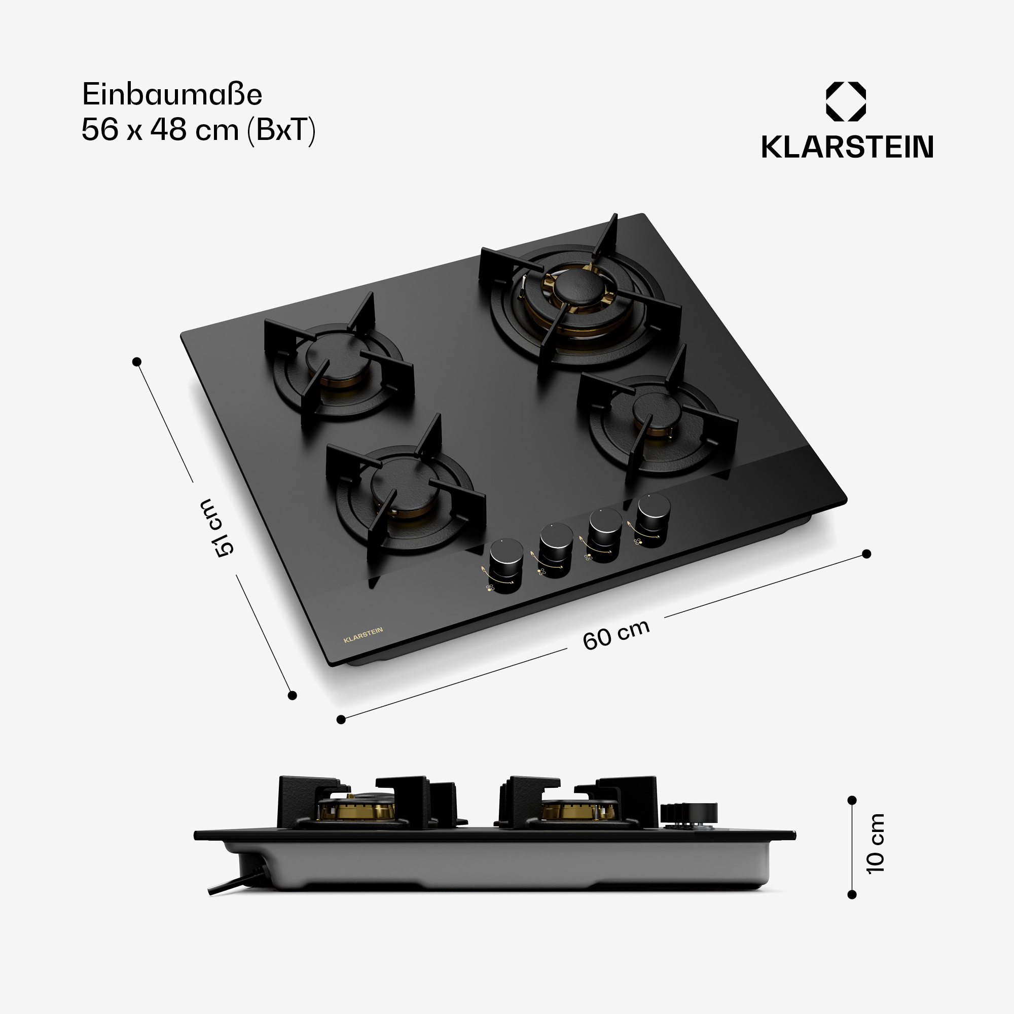 Ein schwarzes Gaskochfeld mit vier Brennern, Bedienknöpfen und beschrifteten Abmessungen. Klarstein-Logo oben rechts.