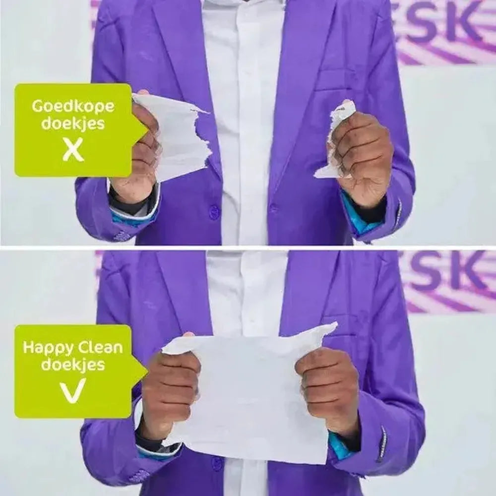A person in a purple suit holds paper towels. The top shows torn paper with 'Goedkope doekjes X'. The bottom shows a whole one with 'Happy Clean doekjes V'.