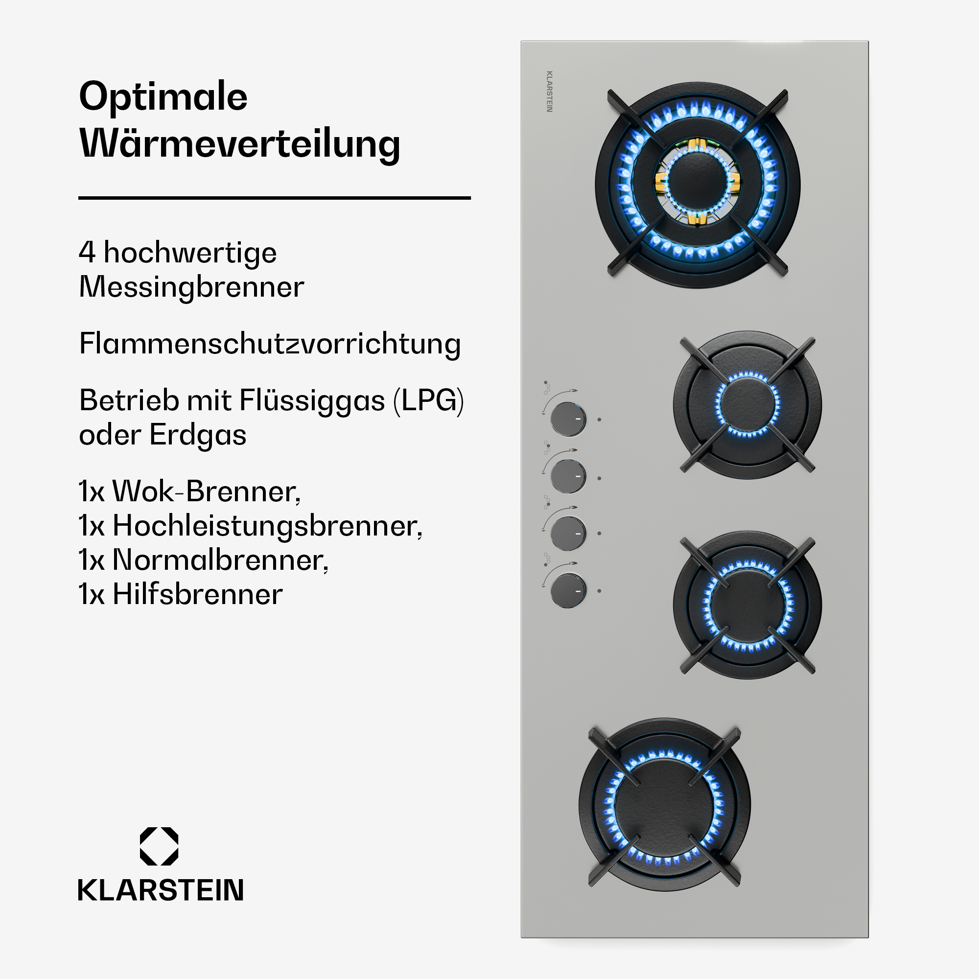 Ein Gaskochfeld mit vier Brennern, blauen Flammen und Drehknöpfen. Text zeigt optimale Wärmeverteilung und Brennertypen.