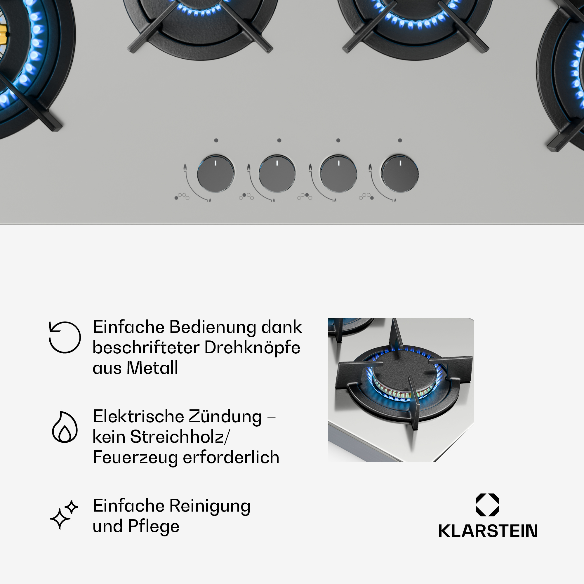 Gasherd mit vier Brennern, Knöpfen und blauen Flammen. Text beschreibt Funktionen wie einfache Reinigung und elektrische Zündung.
